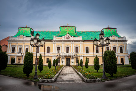 Close up on Vladicanski Dvor, the Bishop Episcopal palace with its typical Austro hungarian architecture,  in Vrsac, Serbia, built in the 17th century, one of the main landmarks of the city center of Vrsac.のeditorial素材