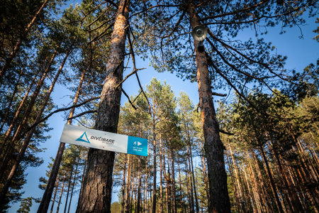 DIVCIBARE, SERBIA - JUNE 4, 2022: Logo of Divcibare ski resort in front of the entrance to the ski slopes. Divcibare is one of the main ski tourism destinations of Serbia.のeditorial素材