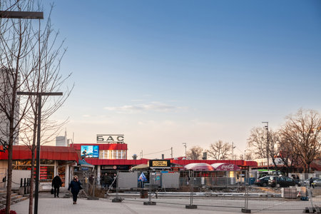 BELGRADE, SERBIA - FEBRUARY 13, 2022: Logo of BAS, or Beogradska Autobuska Stanica, the Belgrade Bus Station, at the entrance to the main coach terminal of the capital city of Serbia.のeditorial素材