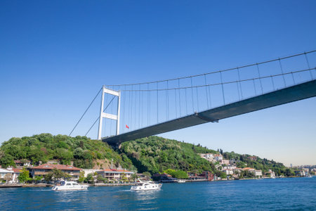 ISTANBUL, TURKEY - MAY 21, 2022: Bosphorus Bridge; also called 15 july martyrs bridge or 15 temmuz sehitler koprusu, seen from below. it's a bridge in Istanbul connecting Asian and European side.のeditorial素材