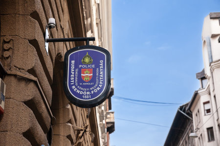 BUDAPEST, HUNGARY - FEBRUARY 26, 2022: Police station of Hungarian police forces. The Hungarian police, known as Rendorseg, is controlled by the ministry of internal affairs.のeditorial素材