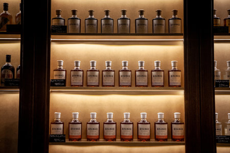 BELGRADE, SERBIA - JULY 2, 2022: Various bottles of rakija, of different fruit sizes and flavours, on display in a bar. Rakija is a traditional alcoholic spirit from the Balkans.のeditorial素材