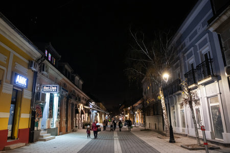 PANCEVO, SERBIA - DECEMBER 19, 2021: Selective blur on People, families, walking on Njegoseva ulica street, a pedestrian street of the center of Pancevo, at night.のeditorial素材