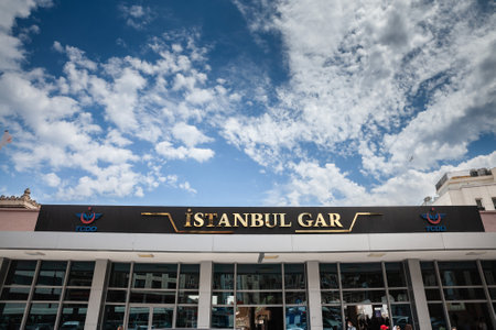 ISTANBUL, TURKEY - MAY 21, 2022: Entrance to the Sirkeci train station, with the mention Istanbul gar, on the main entrance to this turkish railway station in Istanbul.のeditorial素材