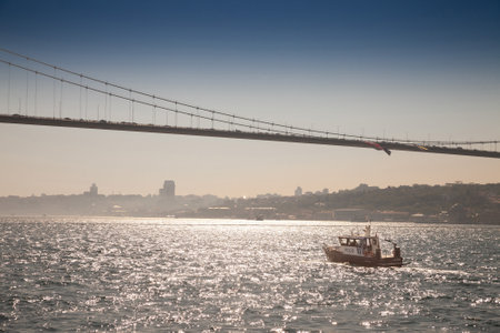 ISTANBUL, TURKEY - MAY 21, 2022: Turkish police boat patrolling on the Bosphorus straight. Turk...