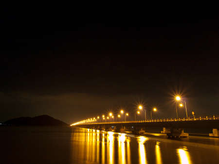 Night view of longest concrete bridge in Thailandの写真素材
