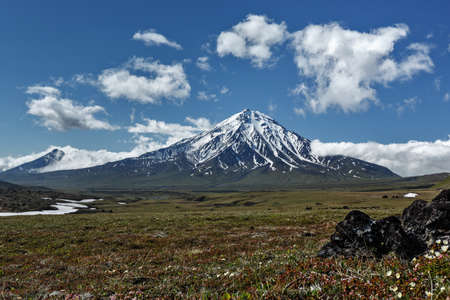 Beautiful mountain landscape on sunny day: Bolshaya Udina Volcano. Russia Far East Kamchatka Peninsula.の写真素材