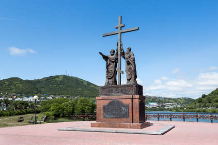 PETROPAVLOVSK-KAMCHATSKY, KAMCHATKA, RUSSIA - JULY 18, 2012: Summer view of the Monument to the Holy Apostles Peter and Paul in Petropavlovsk-Kamchatsky City on a sunny day on the background blue sky.のeditorial素材
