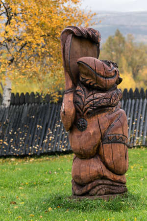 ESSO VILLAGE, KAMCHATKA, RUSSIA - SEP 18, 2013: Traditional wood carving - Kutkh - embodiment of spirit of Raven, traditionally revered by various indigenous peoples. Bystrinsky Ethnographic Museum.のeditorial素材