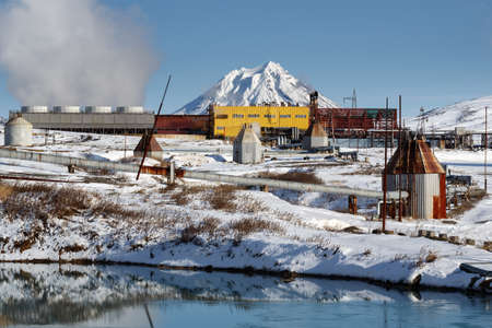 KAMCHATKA PENINSULA, RUSSIA - Oct 22, 2017: Winter view on Mutnovskaya Geothermal Power Station (Mutnovskaya GeoPP-1) Geotherm JSC (PJSC RusHydro) using geothermal energy to produce electricity.のeditorial素材