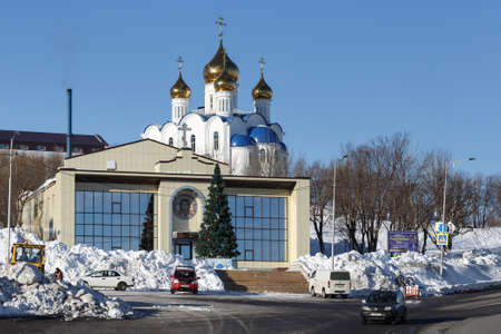 PETROPAVLOVSK CITY, KAMCHATKA, RUSSIA - JANUARY 6, 2018: Diocesan Spiritual and Enlightenment Center and Holy Trinity Orthodox Cathedral of Petropavlovsk, Kamchatka Diocese of Russian Orthodox Church.のeditorial素材