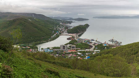 Summer cityscape of Kamchatka Peninsula: scenery top view of seaport, center of...