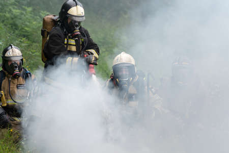 KAMCHATKA PENINSULA, RUSSIA - AUG 7, 2019: Firefighters of Fire Department â„– 1 of Federal...