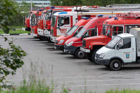 KAMCHATKA PENINSULA, RUSSIA - AUGUST 7, 2019: Many different red fire engine (fire trucks) of...
