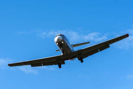 Russian jet Yakovlev Yak-40K - regional three-engined jet airliner, commuter trijet in flight...