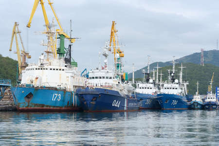 Group of warships Coast Guard of Border Guard Service of Russian FSB anchored at pier in...