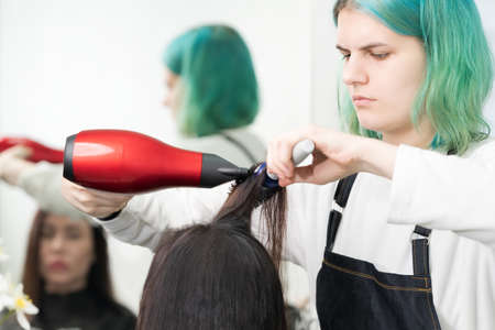 Professional hairdresser with green hair dries hair to client with red hairdryer and blue comb in beauty salon.の写真素材