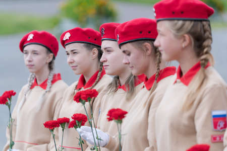 Cadets in uniform of All-Russia Young Army National Military Patriotic Social Movement Association during event dedicated of completion Kuril Islands Landing Operation. Kamchatka, Russia - Sep 2, 2020のeditorial素材