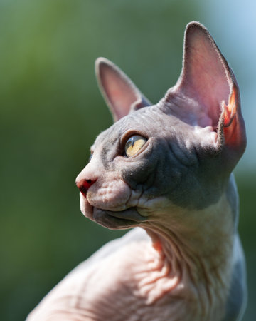 Portrait in profile of beautiful young blue and white Canadian Sphynx male kitten fifteen weeks old. Headshot, close-up. Blurred natural green forest background.の写真素材
