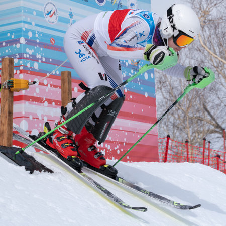 International Ski Federation Championship, Russian Alpine Skiing Championship, slalom. Mountain skier Delhman Lydia Krasnoyarsk Region. Moroznaya Mount, Kamchatka Peninsula, Russia - March 28, 2019のeditorial素材