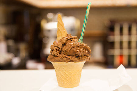 Close up image of chocolate ice cream coneの写真素材