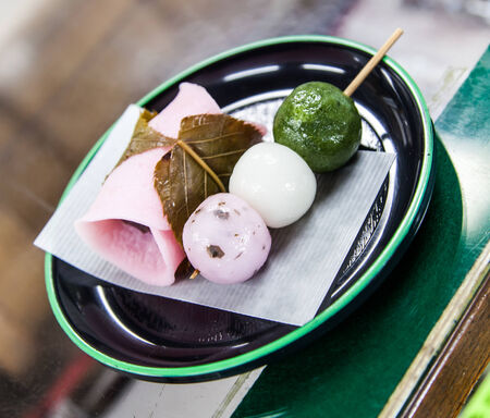 Dango japanese dumpling and sweet made from rice flour at the old tradition snack shop in kamakuraの写真素材