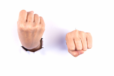 Two fists from paper. Isolated on whiteの写真素材