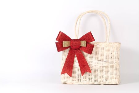 Santa basket isolated on whiteの写真素材
