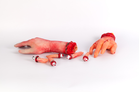 the creepy halloween toy , Zombie Hand w,terrible zombie hands, dirty hands of the mummy, zombie theme, halloween theme, white background, isolatedの写真素材