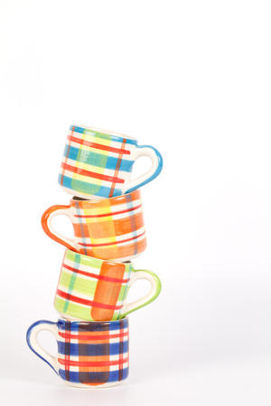 Tower of Colorful Scotch pattern cupsの写真素材