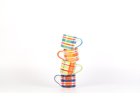 Tower of Colorful Scotch pattern cupsの写真素材
