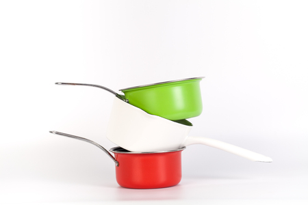 Red and Green and white cooking pot isolated on white backgroundの写真素材