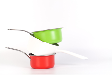 Red and Green and white Pan for cooking the daily mealの写真素材