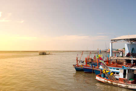 Oyster, Green mussel farm at Eastern region seaside of Thailand.With warm sunlight effect in the morning.の写真素材