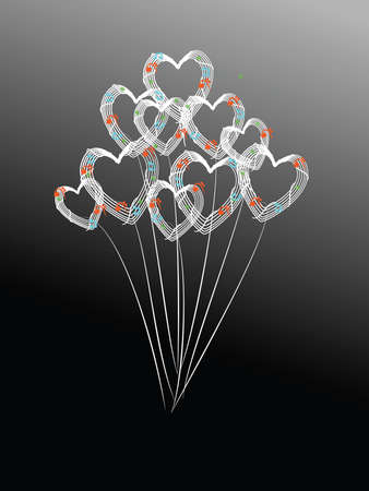 vector music note and balloon heart black backgroundのイラスト素材