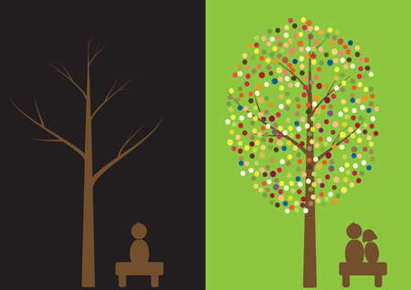 Vector illustration of multicolored circles tree with people alone and in loveのイラスト素材