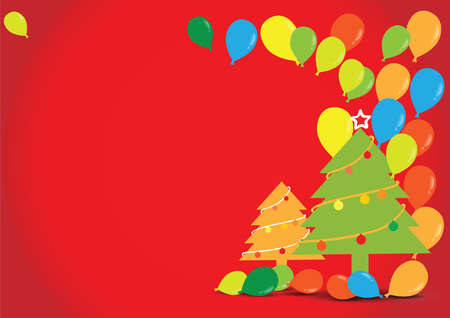 Christmas tree with balloons on red background, vector illustration  のイラスト素材