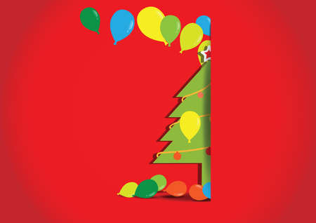 Christmas tree with balloons on red background, vector illustration  のイラスト素材