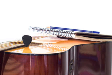 close up pencil on guitar for create music の写真素材