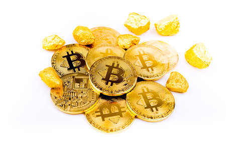 Bitcoin coin golden coin,stack of cryptocurrencies bitcoin isolated on white background,Bitcoin coin golden coin.Set of cryptocurrencies with a golden bitcoin on the front as the leader. Bitcoin as most important cryptocurrency concept.の写真素材