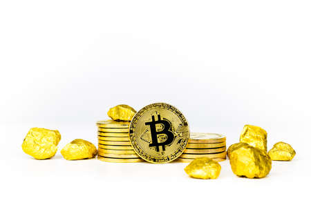 Bitcoin coin golden coin,stack of cryptocurrencies bitcoin isolated on white background,Bitcoin coin golden coin.Set of cryptocurrencies with a golden bitcoin on the front as the leader. Bitcoin as most important cryptocurrency concept.の写真素材