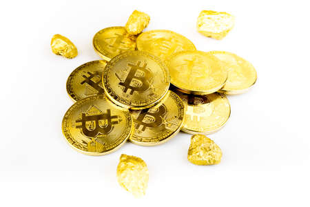 Bitcoin coin golden coin,stack of cryptocurrencies bitcoin isolated on white background,Bitcoin coin golden coin.Set of cryptocurrencies with a golden bitcoin on the front as the leader. Bitcoin as most important cryptocurrency concept.の写真素材