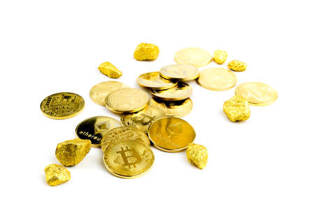 Bitcoin coin golden coin,stack of cryptocurrencies bitcoin isolated on white background,Bitcoin coin golden coin.Set of cryptocurrencies with a golden bitcoin on the front as the leader. Bitcoin as most important cryptocurrency concept.の写真素材