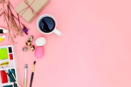 flat lay photo happy easter, top view of preparing for Easter on pink background, easter eggsの写真素材