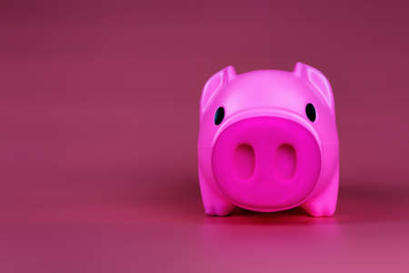 Pink piggy bank save coin on pink background, Piggy pink bank with growth coins which means grwoth business success concept.の写真素材