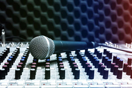 Professional condenser studio microphone, Musical Concept. recording, selective focus  microphone in radio studio, selective focus microphone and blur musical equipment,の写真素材