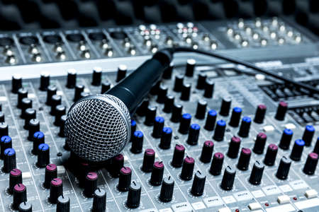 Professional condenser studio microphone, Musical Concept. recording, selective focus  microphone in radio studio, selective focus microphone and blur musical equipment,の写真素材
