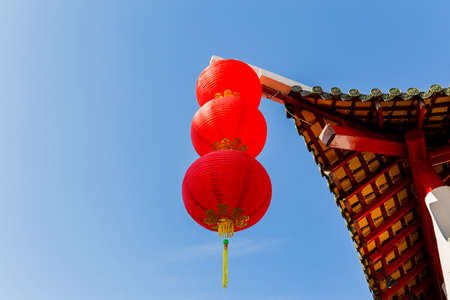 Chinese Pavilion Arch with blue sky, Happy chinese new yearの写真素材