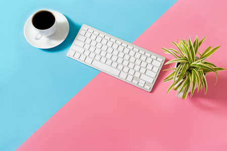 flat lay Office desk table of modern workplace with laptop on blue and pimk background, top view laptop background and copy space on black background, blue and pink desk office with laptop,の写真素材