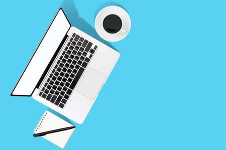 flat lay Office desk table of modern workplace with laptop on blue and pimk background, top view laptop background and copy space on black background, blue and pink desk office with laptop,の写真素材